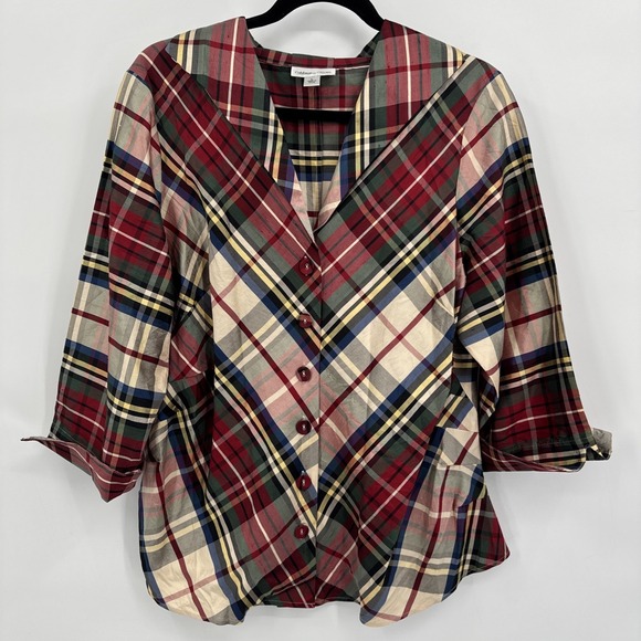 Coldwater Creek Tops - Coldwater Creek Top Sz L Plaid 100% Silk Button Front Blouse Tartan Multi Red